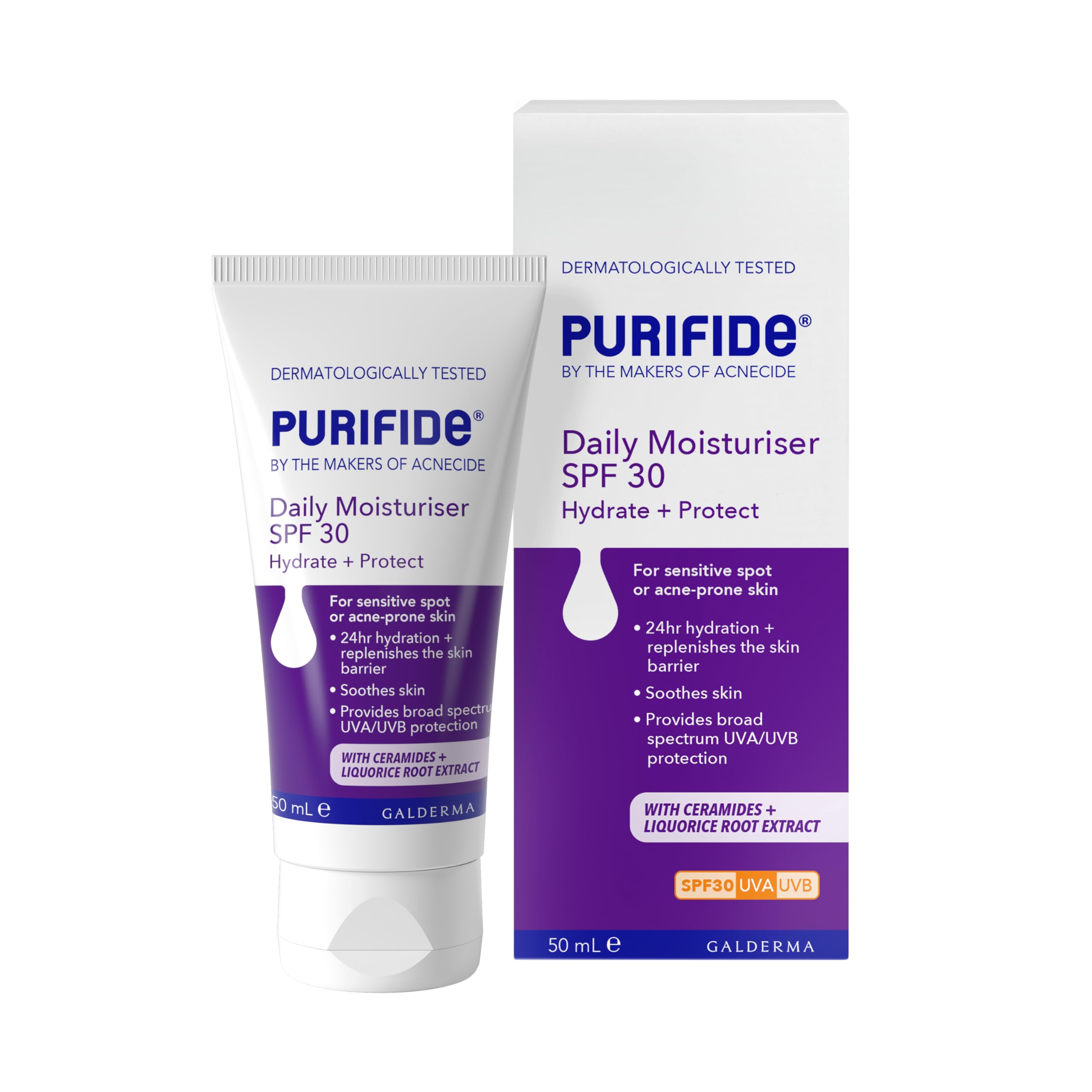 Purifide by Acnecide SPF 30 Daily Face Moisturiser for Acne Prone Skin & Blemish Control, Hydrate + Protect, 50ml, Packaging may vary