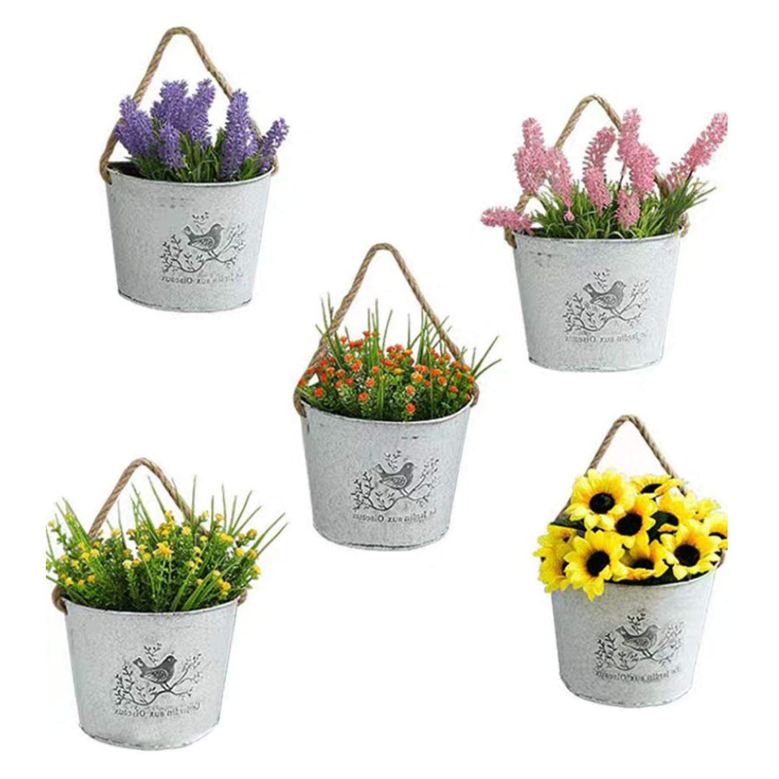 POHOVE 5 Pcs Metal Hanging Planter Basket, Outdoor Vintage Iron Flower Bucket Garden Hanging Flower Pot Bucket Rustic French Country Style Flower Holder, Fits Home, Garden, Patio, Deck