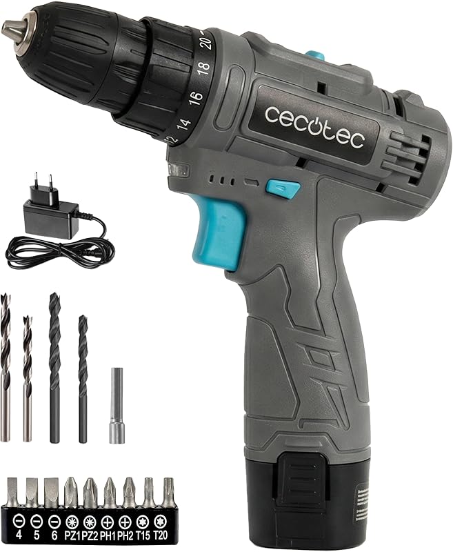 Perceuse à Batterie PowerForce 1000. 12V 2000mAh, 2 Vitesses 400/1400rpm, Couple de Serrage 28Nm en 20 Niveaux, LED, Changement de Mèche sans Clé, Design Ergonomique, Inclut Embouts et Mèches