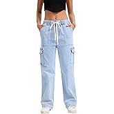 YOCUR Mid Rise Cargo Jeans Women Elastic Waist Stretch Wide Leg Denim Pants Pockets Multistyle Straight Leg Denim Trousers