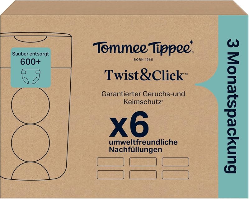 Twist & Click Nachfüllfolie für Windeleimer, 6er-Pack, je 10,5 m, mehrlagige antibakterielle* Folie, passend für Twist & Click Kassette, 6 x 10,5 m