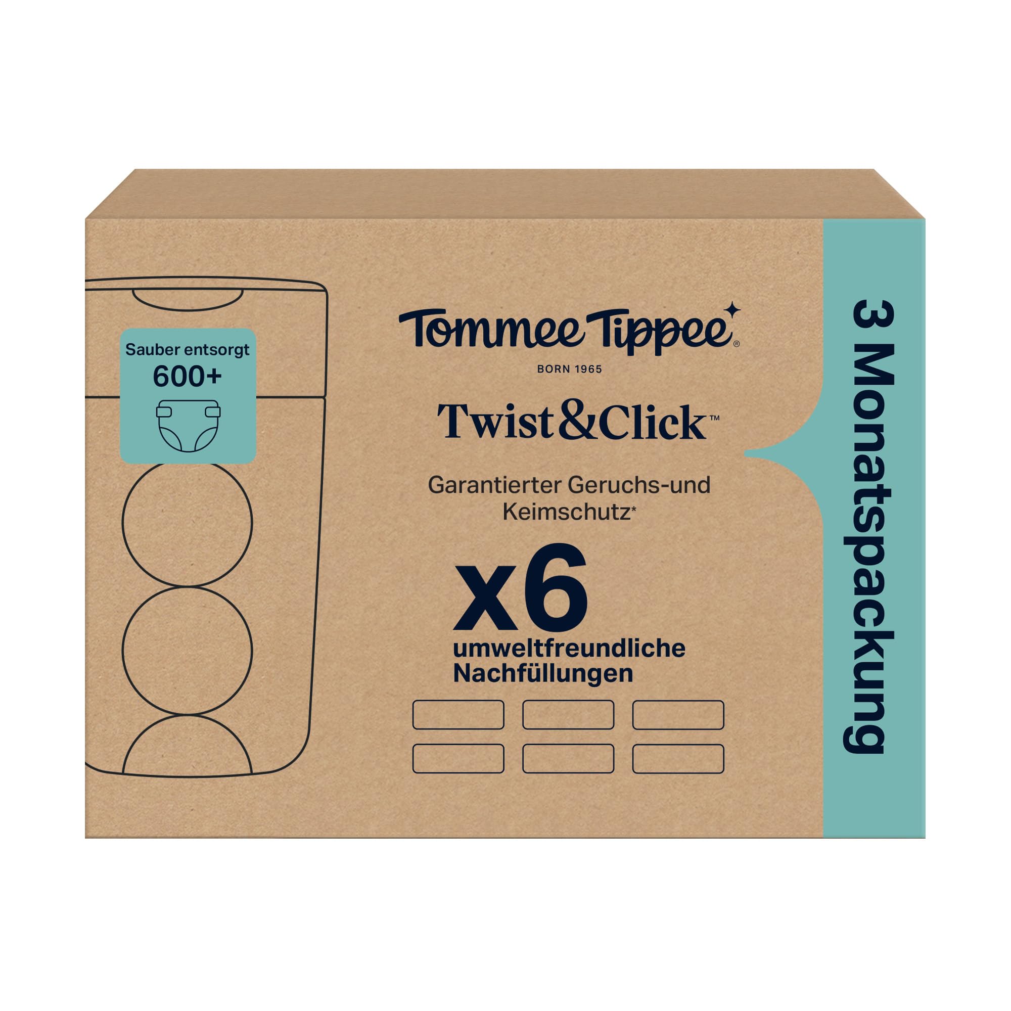Tommee Tippee Twist & Click Nachfüllfolie für Windeleimer, 6er-Pack, je 10,5 m, mehrlagige antibakterielle* Folie, passend für Twist & Click Kassette, 6 x 10,5 m 2