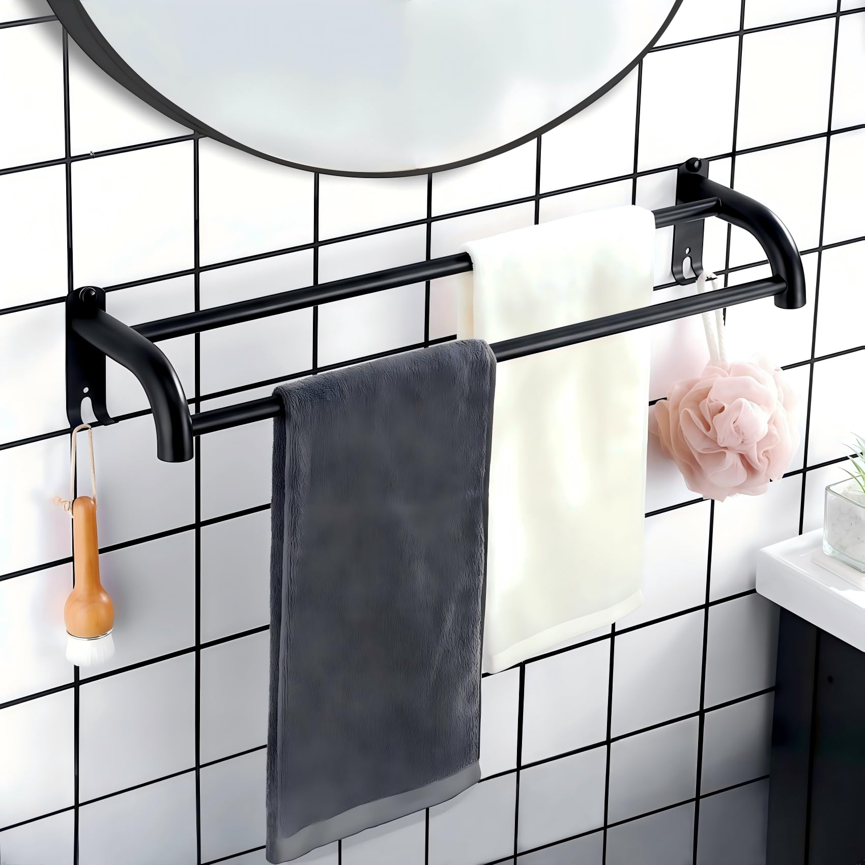 yozhch Black Towel Holder for Bathroom, Double Towel Rail with Bars Wall Mounted Towel Rack Chrome Towel Shelf with Hooks