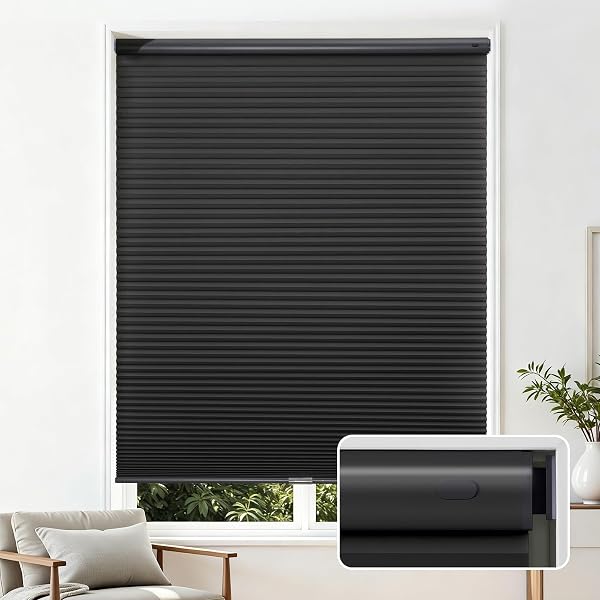JOYDECO NO TOOLS NO DRILL CORDLESS CELLULAR SHADES, LIGHT FILTERING HONEYCOMB BLINDS FOR INDOOR WINDOWS, THERMAL INSULATING & NOISE REDUCING (BLACK, 26″ W X 64″ H)