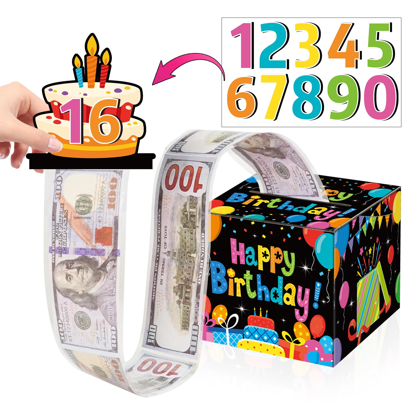 Photo 1 of Birthday Money Box for Cash Gift Happy Birthday Money Gift Box with DIY Cutouts for Kids Party Decoration Colorful Surprise Gift Box for Cash with Pull Out Card for Girls Boys Party Supplies