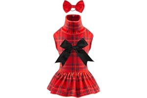 CuteBone Turtleneck Dog Christmas Dress Velvet Puppy Skirt Costume Pet Clothes Cat Apparel with Bow Hair Rope for Small Dogs CVD05S