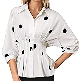 Nlife Women Peplum Tops Cinched Waist Button Down Shirt Collared 3/4 Sleeve Flattering Business Casual Work Office Blouse