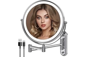 Rocollos Two-Fingers-Width Narrow Base Rechargeable Wall Mounted Lighted Makeup Mirror,3 Color Lights Dimmable Touch Screen,8 Inch LED Double Sided 1X/10X Magnifying Mirror 13 Inch Retractable