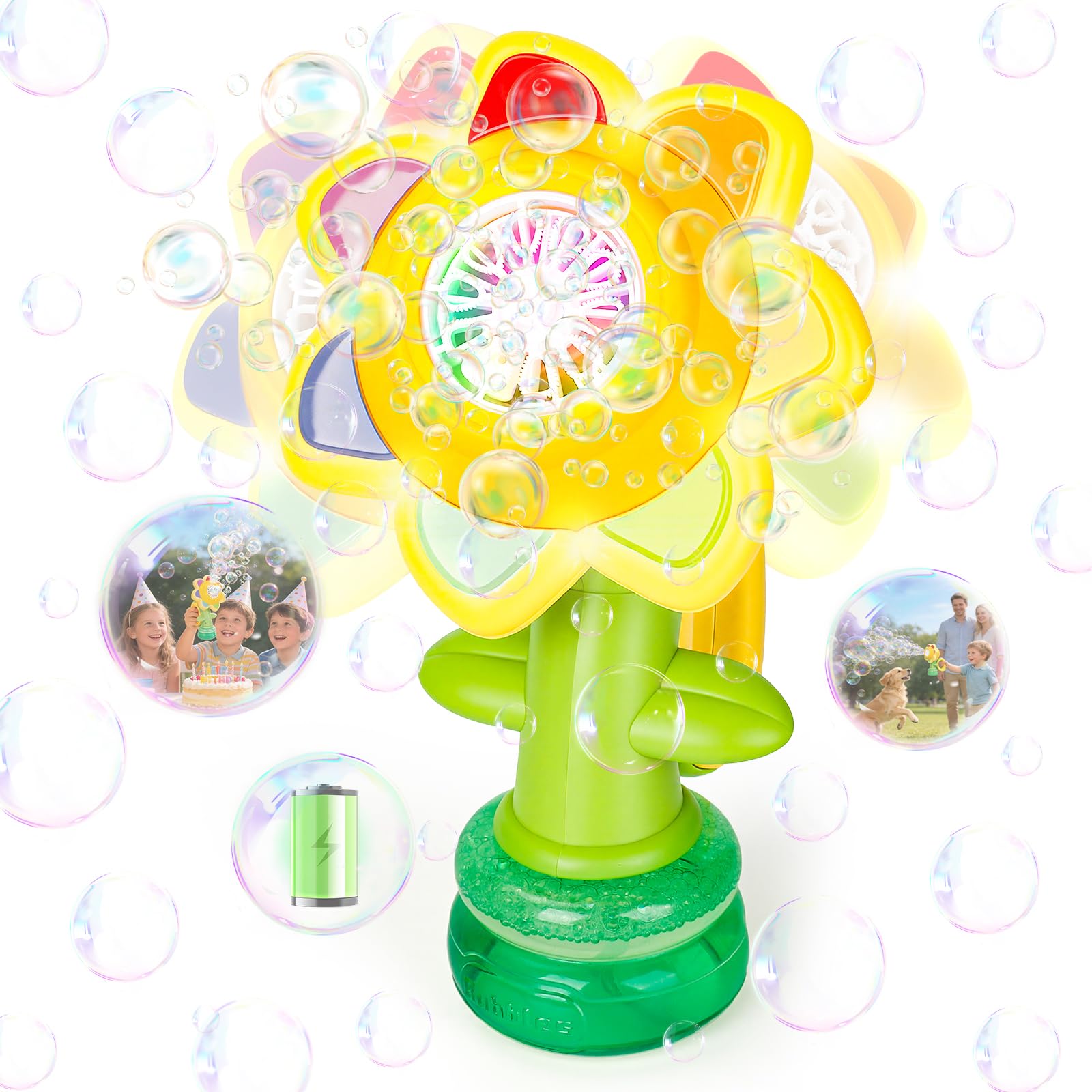 JoiTale Bubble Machine for Kids, Rechargeable Sunflower Dancing Bubble Maker with Swinging Head & Colorful Lights, 3 Modes Automatic Bubble Blower for Toddlers Girls, Outdoor Indoor Party Favors Gift