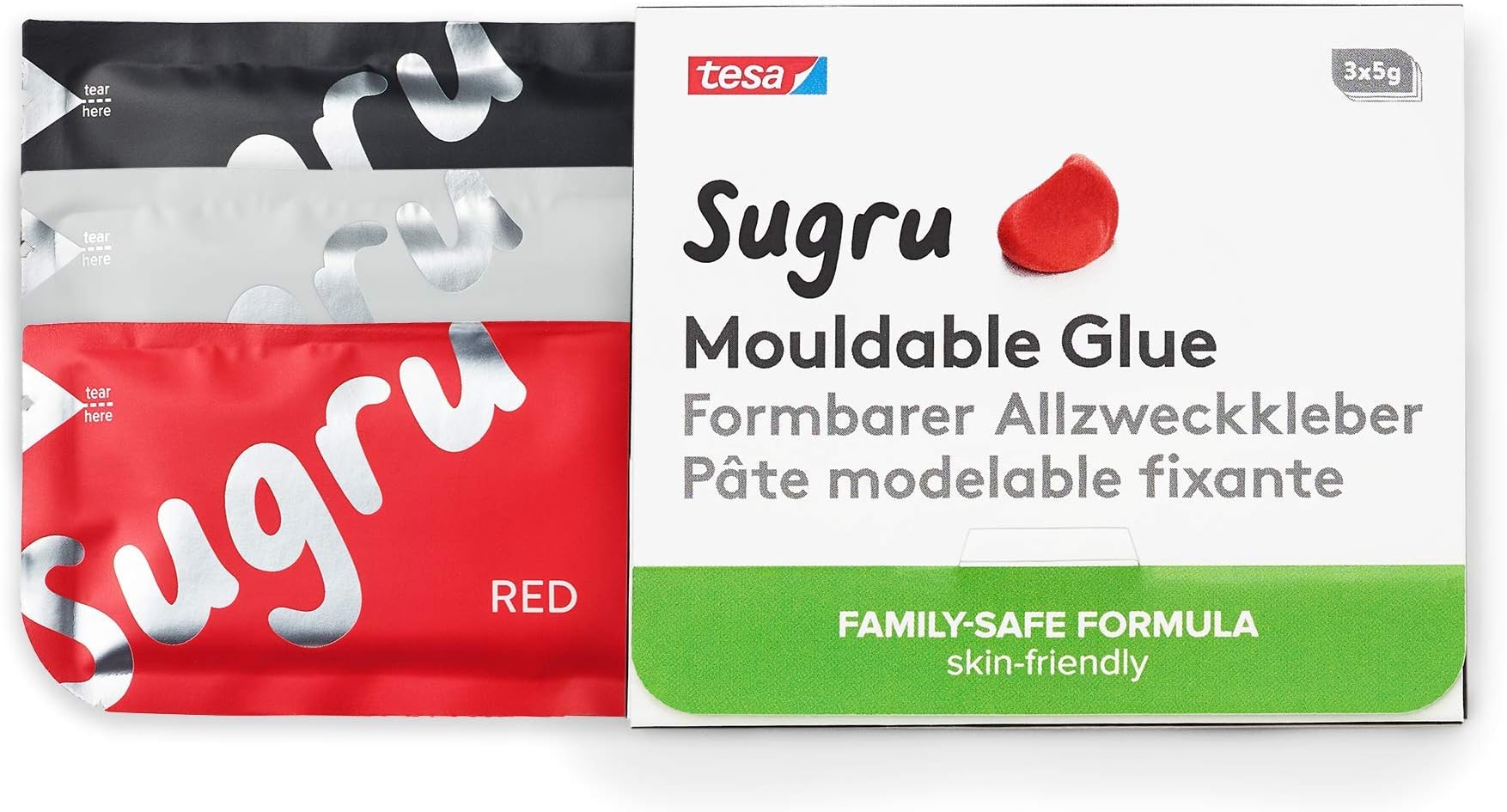 Sugru Mouldable Glue - Family-Safe - All-Purpose Adhesive, Suitable for Children - Holds up to 2 kg - Black, White & Red 3-Pack