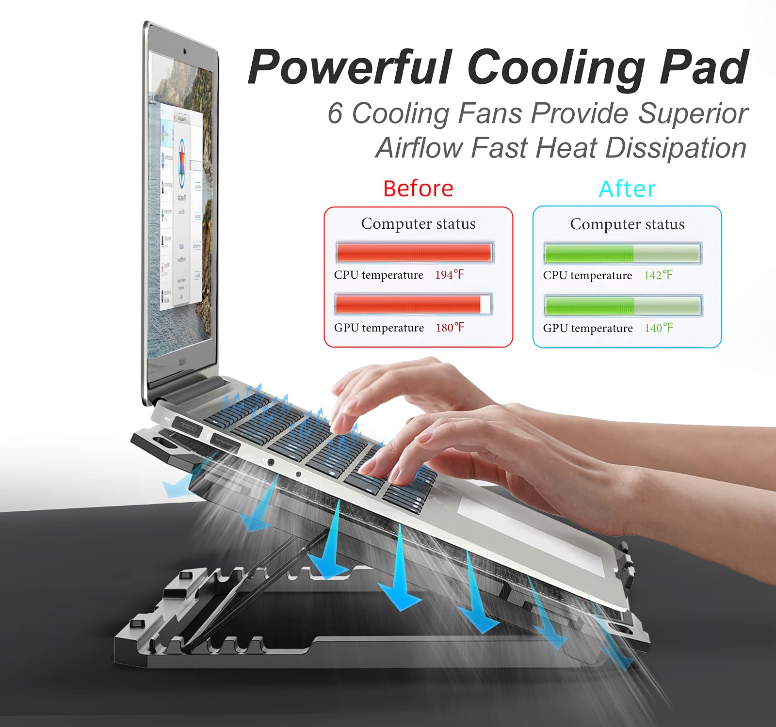 ICE COOREL Laptop Cooling Pad with 6 Cooling Fans, Cooling Pad for Laptop Fan 13-15.6 Inch, Laptop Cooler Stand with 6 Height Adjustable, Notebook Cooler Pad with Two USB Port