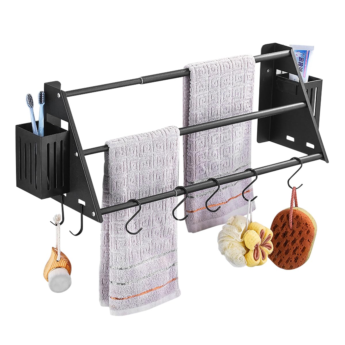 CheurYae 3-Tier Towel Rail Wall Mounted,Towel Rack With 7 Hooks,Adjustable Length(38-75cm),Bathroom Towel Rack,Towel Holder for Bathroom