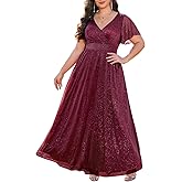 Talisea Plus Size Formal Dresses - V Neck Flutter Sleeve Glitter Prom Evening Gowns Wedding Guest Chiffon Long Maxi Dress