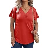 D.Q.RZhong Women's Plus Size Tops Summer Short Ruffle Sleeve Shirts Tunic V Neck Ruched Casual Flowy Swing Blouse