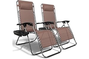 Bonnlo Zero Gravity Chairs Set of 2 Patio Folding Lounge Chairs Outdoor Recliners with Pillow and Cup Holder Adjustable Reclining Lawn Chair for Deck,Patio,Beach,Yard(Brown)