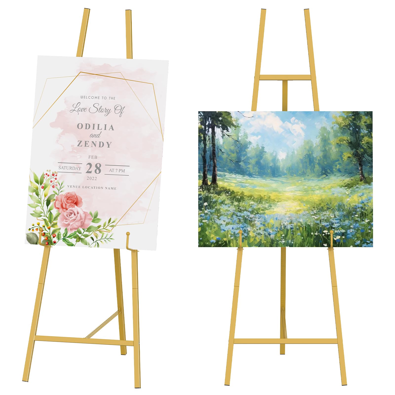 Photo 1 of 2 Pack Metal Square Tube Scroll Display Easel, Vintage Gold Decorative Large Adjustable Floor Standing Easel with Chain Support, Perfect for Showcasing Artwork, Picture Frame Wedding Sign Etc