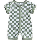 KtwHarnu Newborn Baby Boy Girl Clothes Checkered Plaid Short Sleeve Zipper Romper Jumpsuit One Piece Bodysuit Summer Outfit
