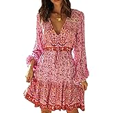 R.Vivimos Women's Cotton Long Sleeves V-Neck Button Up Floral Print Bohemian Flowy Mini Dress