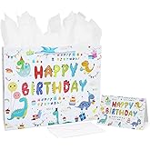 Oletx 13" Dinosaur Party Gift Bags,Happy Birthday Gift Paper Bag with Tissue Paper Greeting Card for Teenagers' Birthday Party