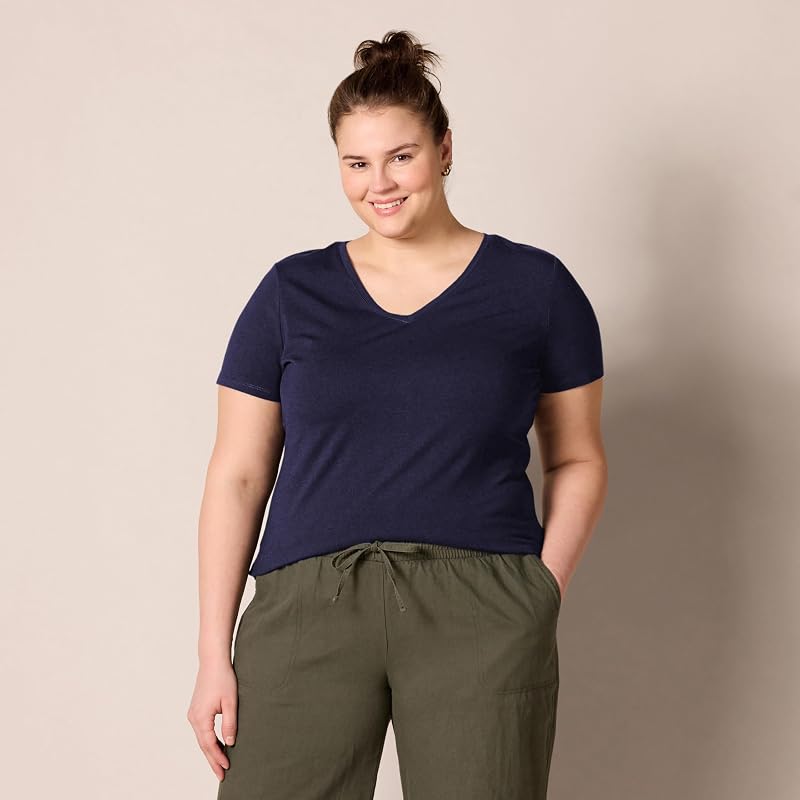 Maglietta con Scollo a v a Maniche Corte Vestibilità Regolare Donna, Pacco da 2, Rosa/Blu Marino, M