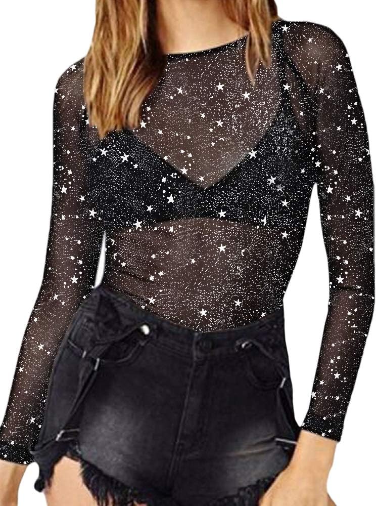 TANBABYWomen's Short Sleeve Long Sleeve Bodycon Clubwear Sheer Pure Mesh Tops T Shirts