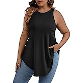 SweatyRocks Women' Loose Sleeveless Solid Color Casual Plain Tank Tops Plus Size Curved Hem Workout Summer Tee Tops