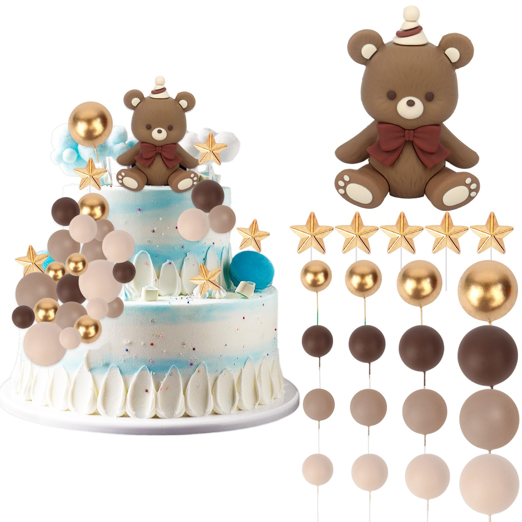 38Pcs Baby Shower Cake Decorations Bear Cake Topper Brown Beige Gold Mini Balloon Cupcake Toppers for Baby Shower Birthday Party Cake Decorations