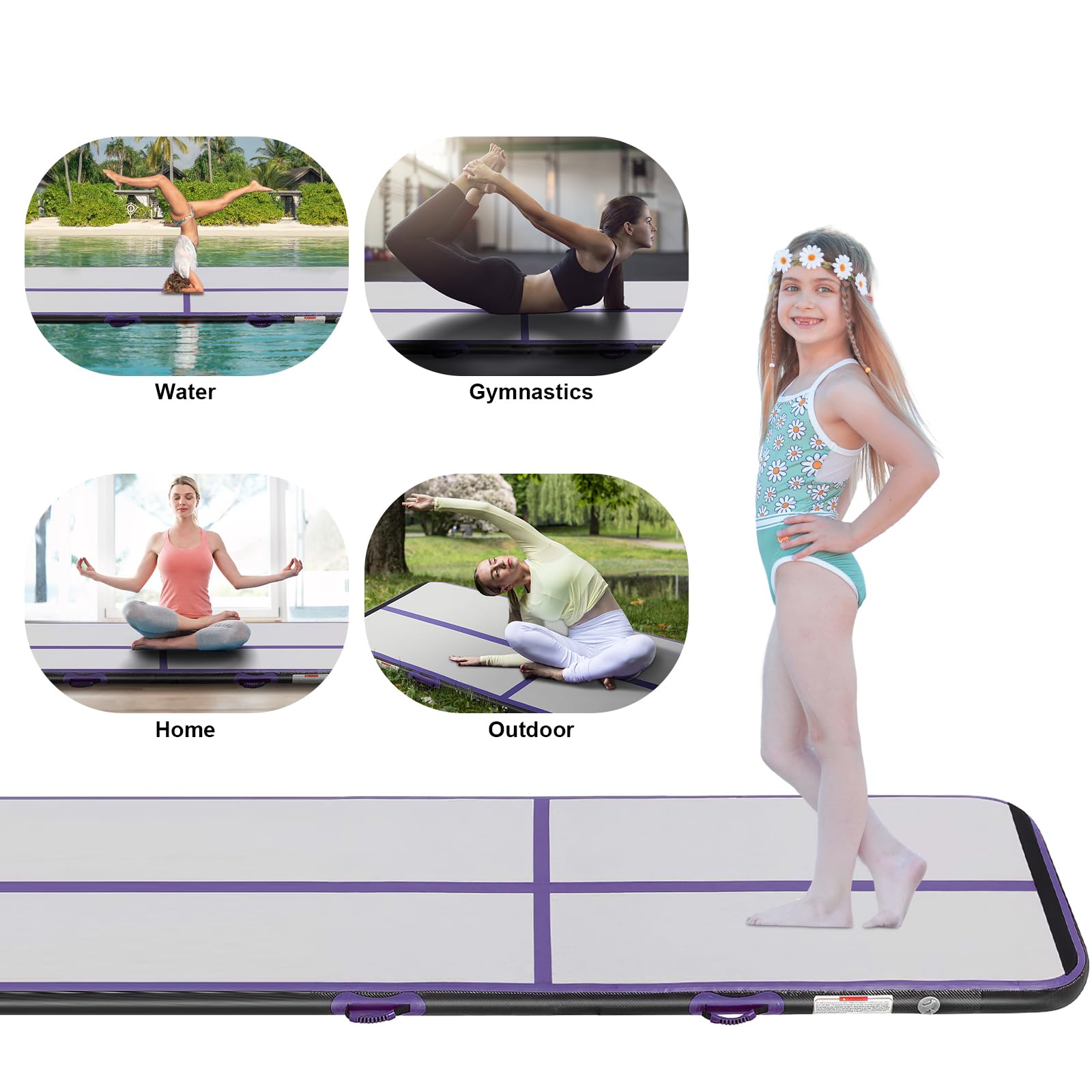 16.6ft Inflatable Gymnastics Mat - Air Tumbling Track For Kids, Home Gym, Cheerleading & Water Use (Purple/Black)