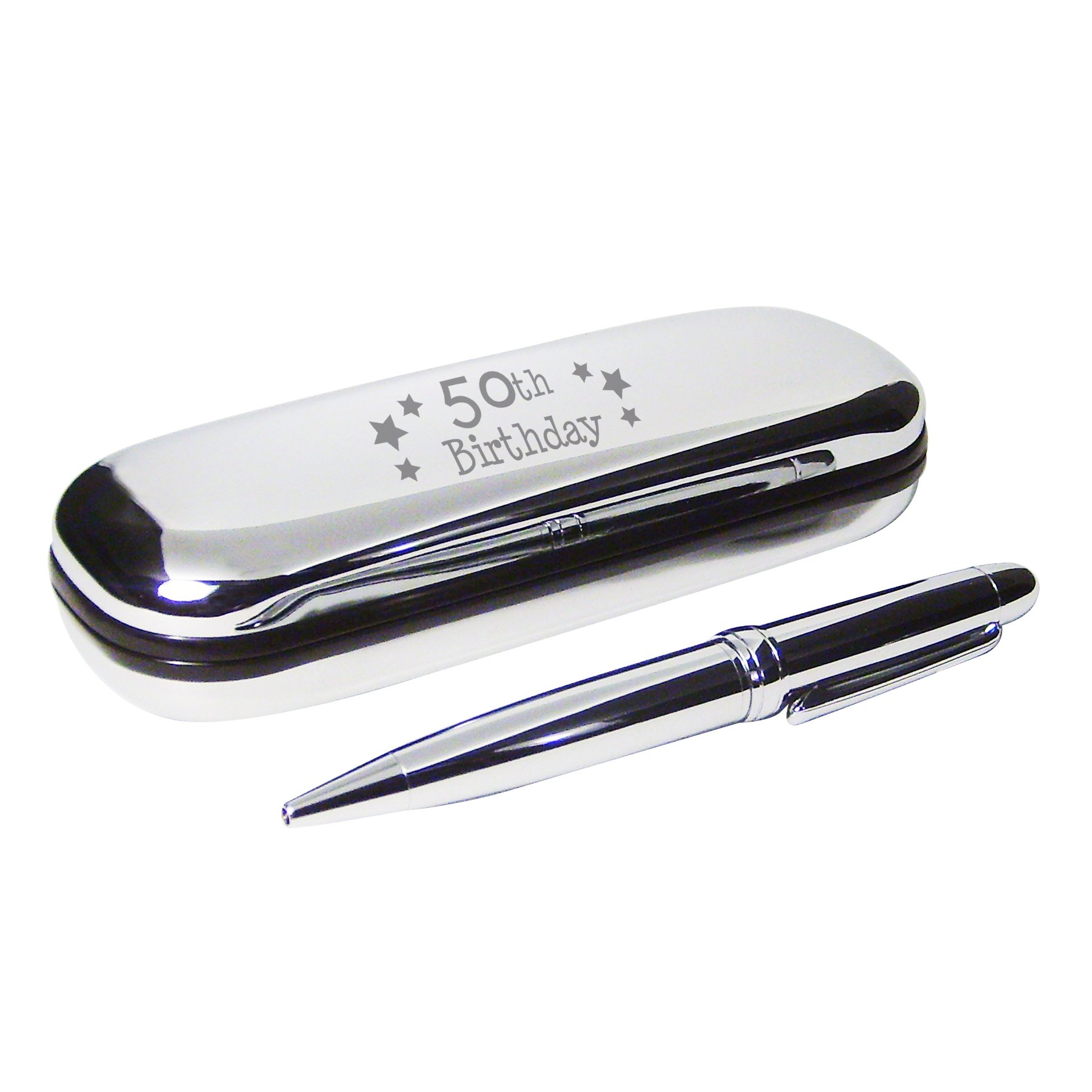 50th Birthday Pen and Engraved Silver Finish Box Gift Set