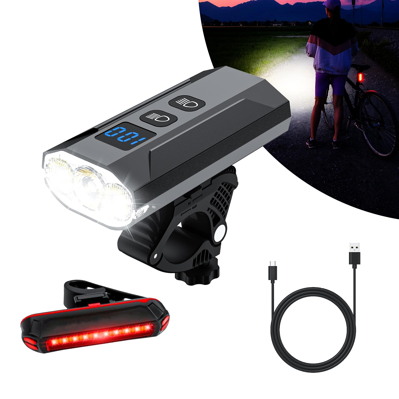 SHEDALED Super Bright Bike Light Set, USB 5200mah Rechargeable LED Bike Front Headlight and Back Taillights for Night Riding/Camping, High & Low Beam Light Adjustable, Waterproof, 13 Lighting Modes