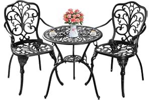 Withniture 3 Piece Patio Bistro Set Cast Aluminum Bistro Table and Chairs Set of 2 with Umbrella Hole,All Weather Metal Bistro Table Set,Outdoor Patio Furniture Set for Garden(Butterfly Black)