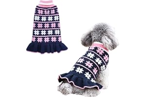 KYEESE Dog Sweater Fall Winter Dog Clothes Warm Pet Coats Pullover for Girl Pet Sweater Dress with Leash Hole Turtleneck with Classic Snowflake Pattern for Small Dogs, Girl Navyblue, Small