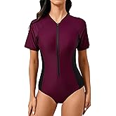 Halcurt Women's One Piece Rash Guard with Built in Bra UPF50+ Zip Short Sleeve Surfing Athletic Swimsuit
