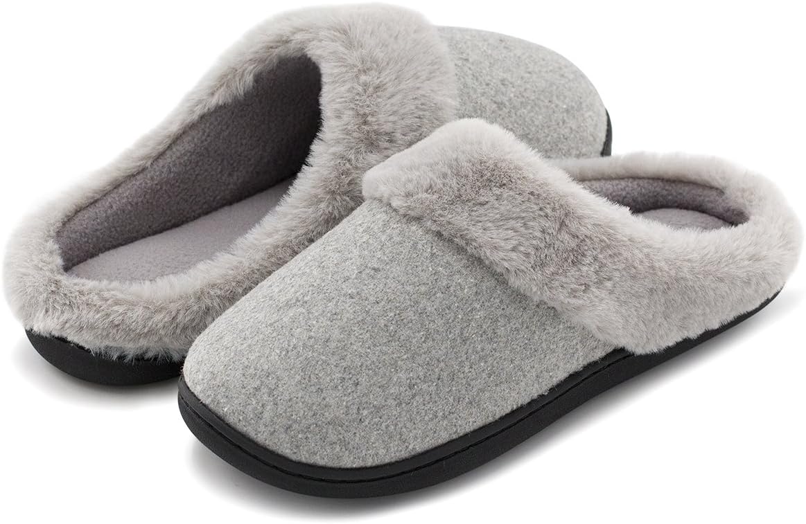 HomeIdeas Women's Woolen Fabric Memory Foam Anti-Slip House Slippers, Breathable Indoor Shoes