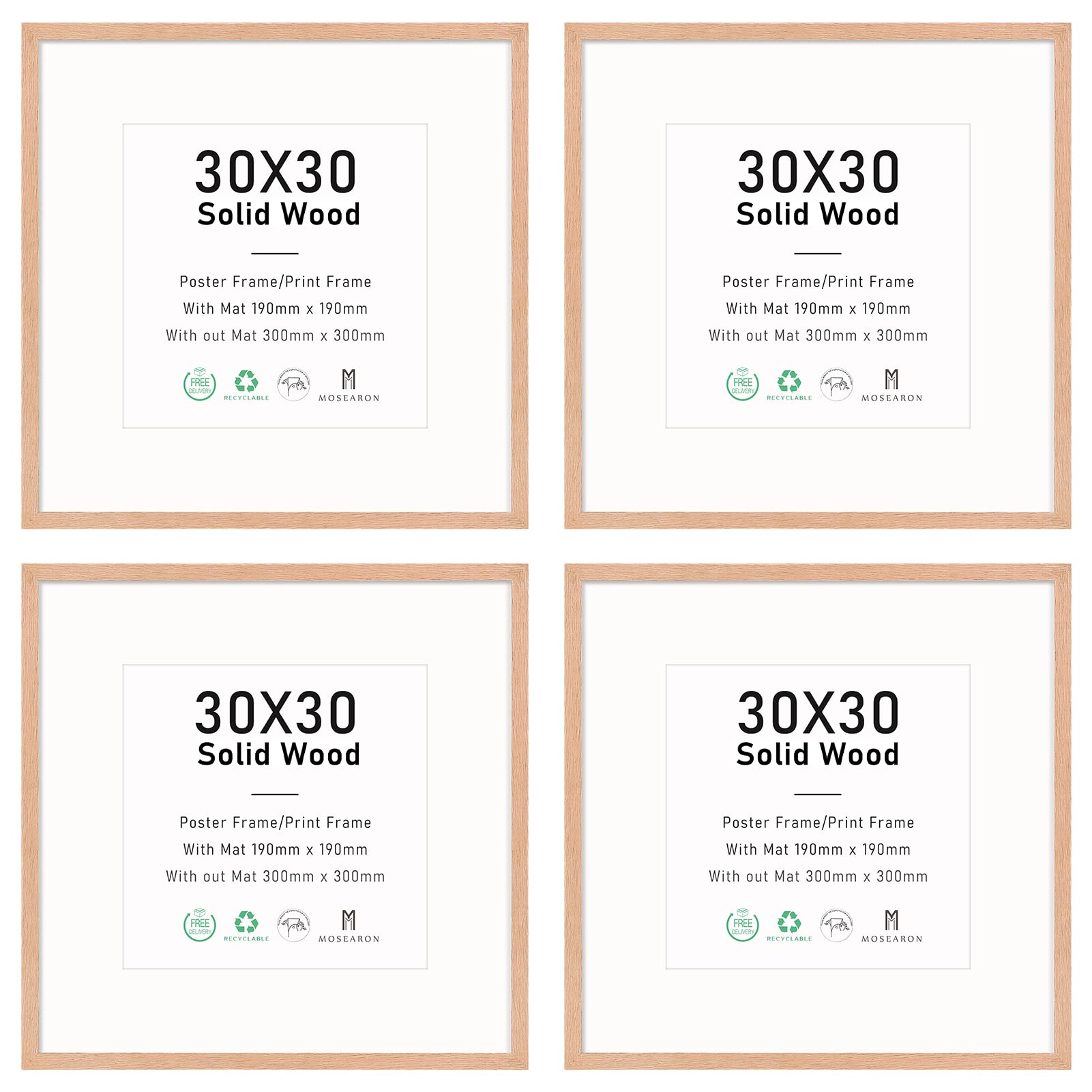 12x12 Certificate Picture Frame,OAK Wood Photo Frame with mount for 8x8 print,Poster Frame with plexiglass for Wall Mount Display,30x30 cm,Set of 4