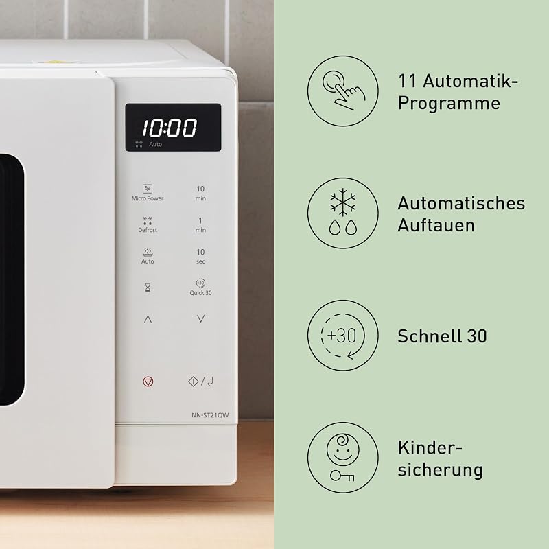 NN-ST21QWEPG 20L Solo-Mikrowelle mit Drehteller, 800 W, automatisches Auftauen, 11 Automatikprogramme, LED-Anzeige, 5 Leistungsstufen, digitaler Timer, Weiß