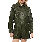 DKNY womens Button Front Vegan Leather Long Sleeve Jacket
