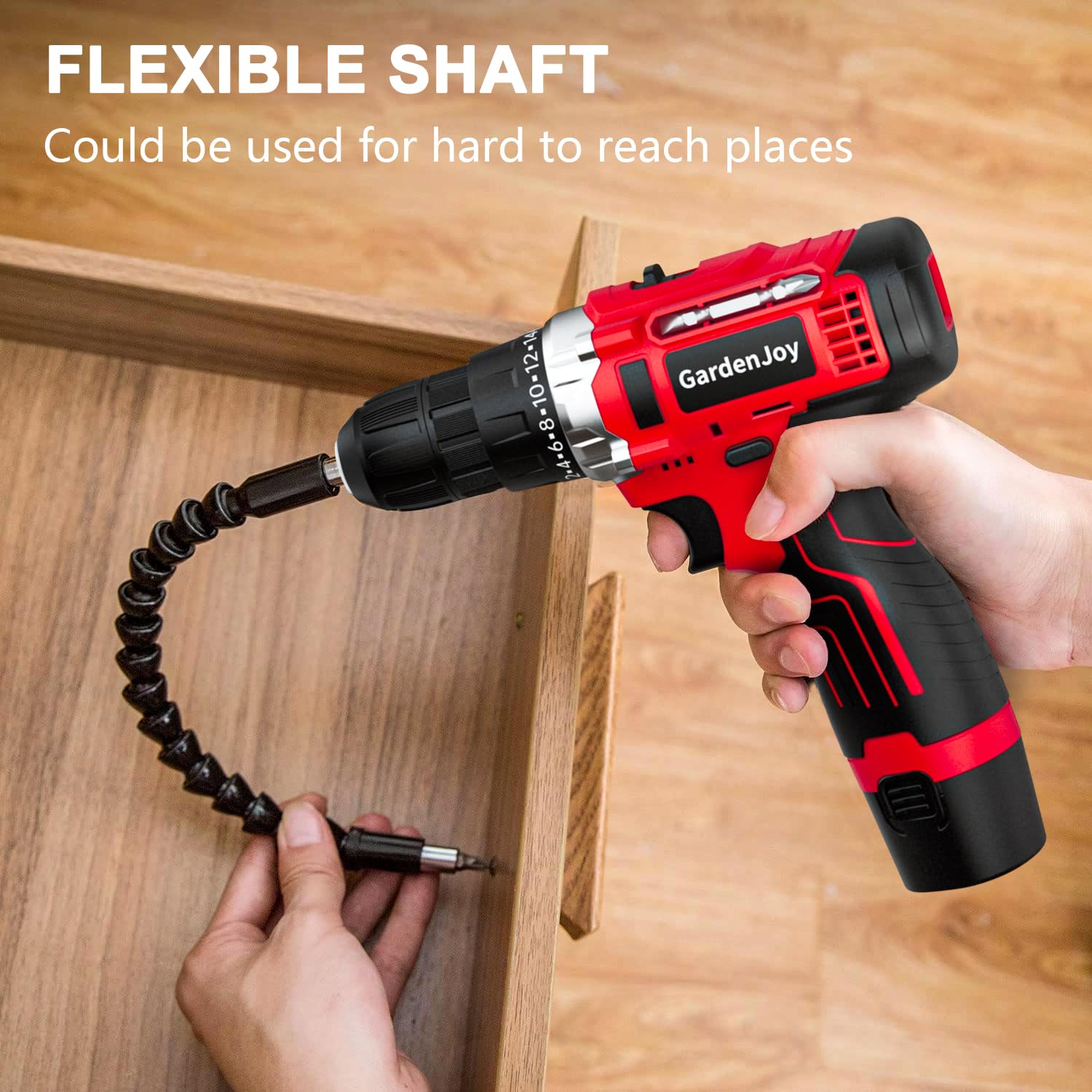 GardenJoy Cordless Power Drill Set: 12V Electric Drill with Battery and Charger, 65pcs Acessories, 3/8