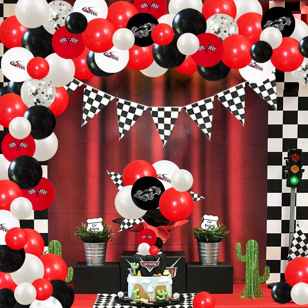 Fangleland Racing Car Theme Party Decorations Checkered Flag Balloons Garland Kit Red and Black Race Car 1st 2nd Birthday Decorations