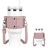 Linkidea Water Bottle Holder with Strap Compatible with Stanley Quencher H2.0 30oz/40oz, Simple Modern 40oz Tumbler, Vegan Leather Waterbottle Bag Holder, Shoulder Strap with Keyring, Pink