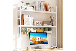 Brakki Desk Shelf, 35.43" Desk Hutch Bookshelf, Desktop Shelf with Pegboard for Computer Monitor, Metal Desktop Hutch Storage Organizer for Dorm Home Office, 2 Tier Bookcase, White