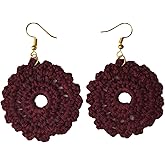 Handmade Crochet Circle Earrings – Burgundy Round Earrings, Lightweight Statement Jewelry for Women, Vintage-Inspired Boho Design, Eco-Friendly Fashion, Perfect for Casual Wear, Festivals & Gifting