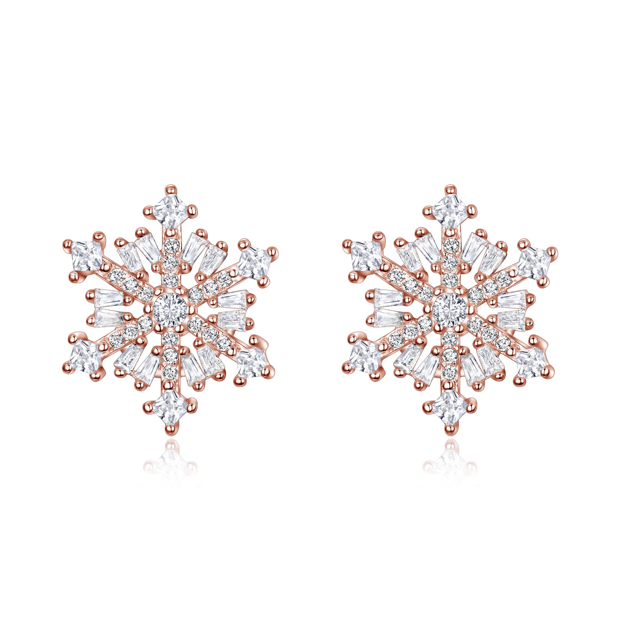 EVER FAITH Women's 925 Sterling Silver Cubic Zirconia Winter Snowflake Flower Stud Earrings Clear Rose Gold-Tone