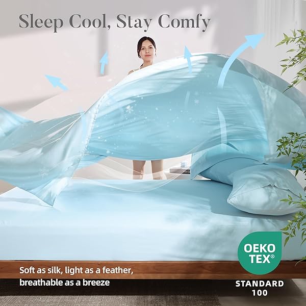 4 PIECE FULL SIZE SHEET – COOLING BED SHEETS SET, BLEND RAYON DERIVED FROM BAMBOO, BREATHABLE SOFT HOTEL LUXURY BEDDING & PILLOWCASES, SILKY FIT 16 INCH EXTRA DEEP POCKET, OEKO-TEX – SKY BLUE