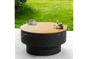 OutVue 26" Wood Burning Fire Pits with Grill & Lid, Fire Pit Table for Outside with Waterproof Cover & Fire Poker, Outdoor Firepit with Functions for BBQ,Table and Bonfire