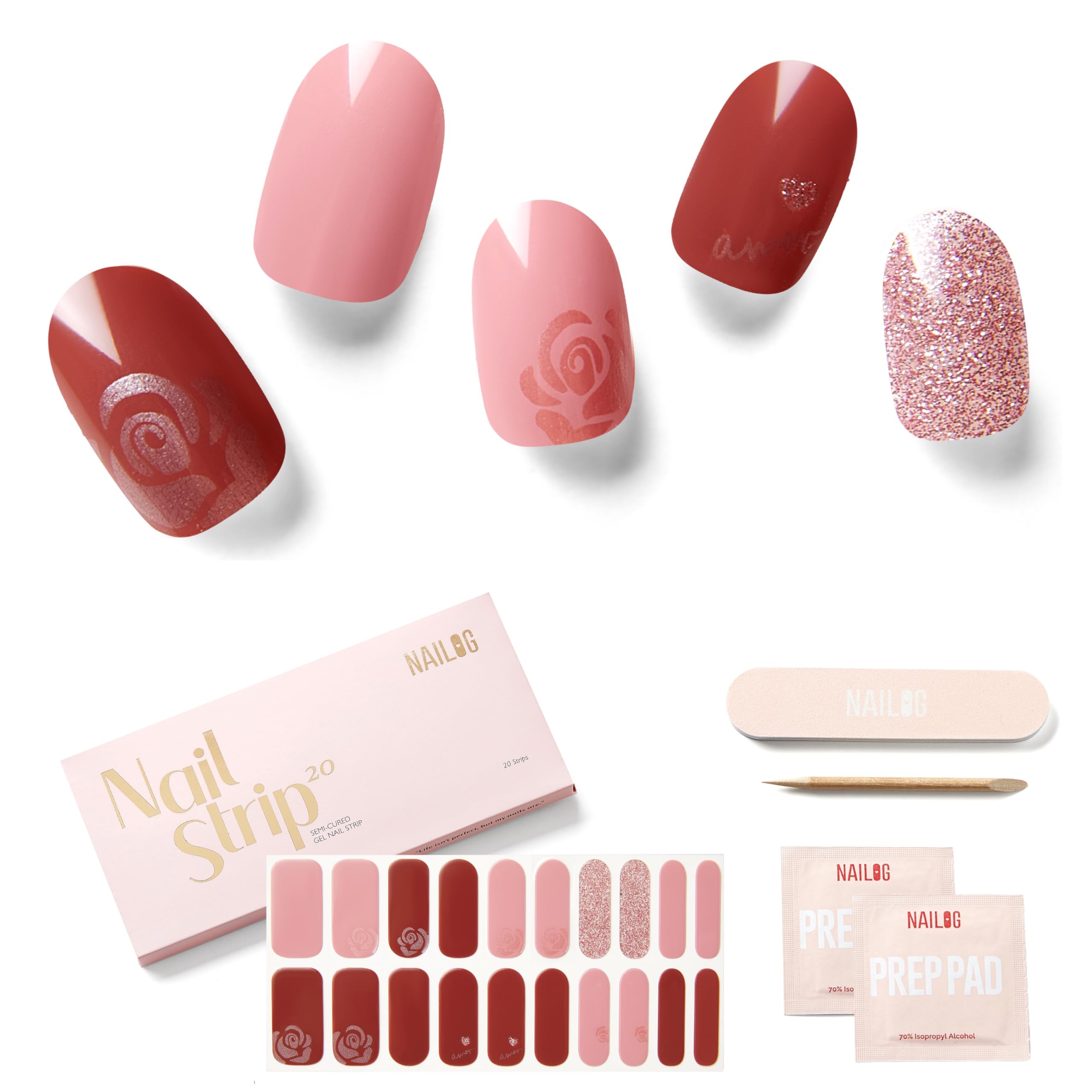 NAILOG Semi Cured Gel Nail Strips (20Pcs Extra Long Stickers/Wraps) | Glossy & Long Lasting Soft Gel Finishing | Darling Roses — image 1