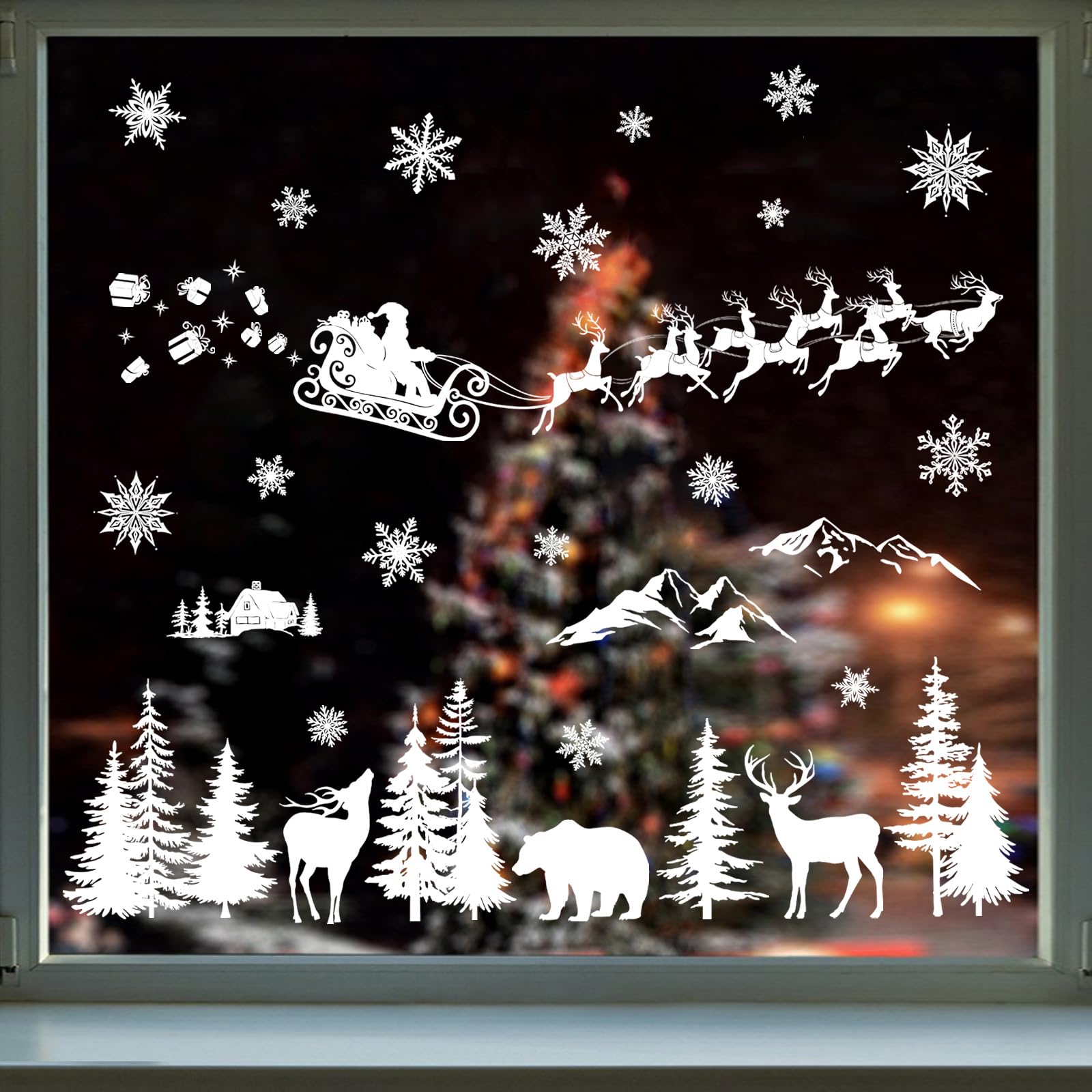 decalmile Christmas Santa Claus Reindeer Window Clings Reusable Winter Forest Pine Tree Animals Window Decals Double Side Printed Window Stickers Glass Door Party Decoration