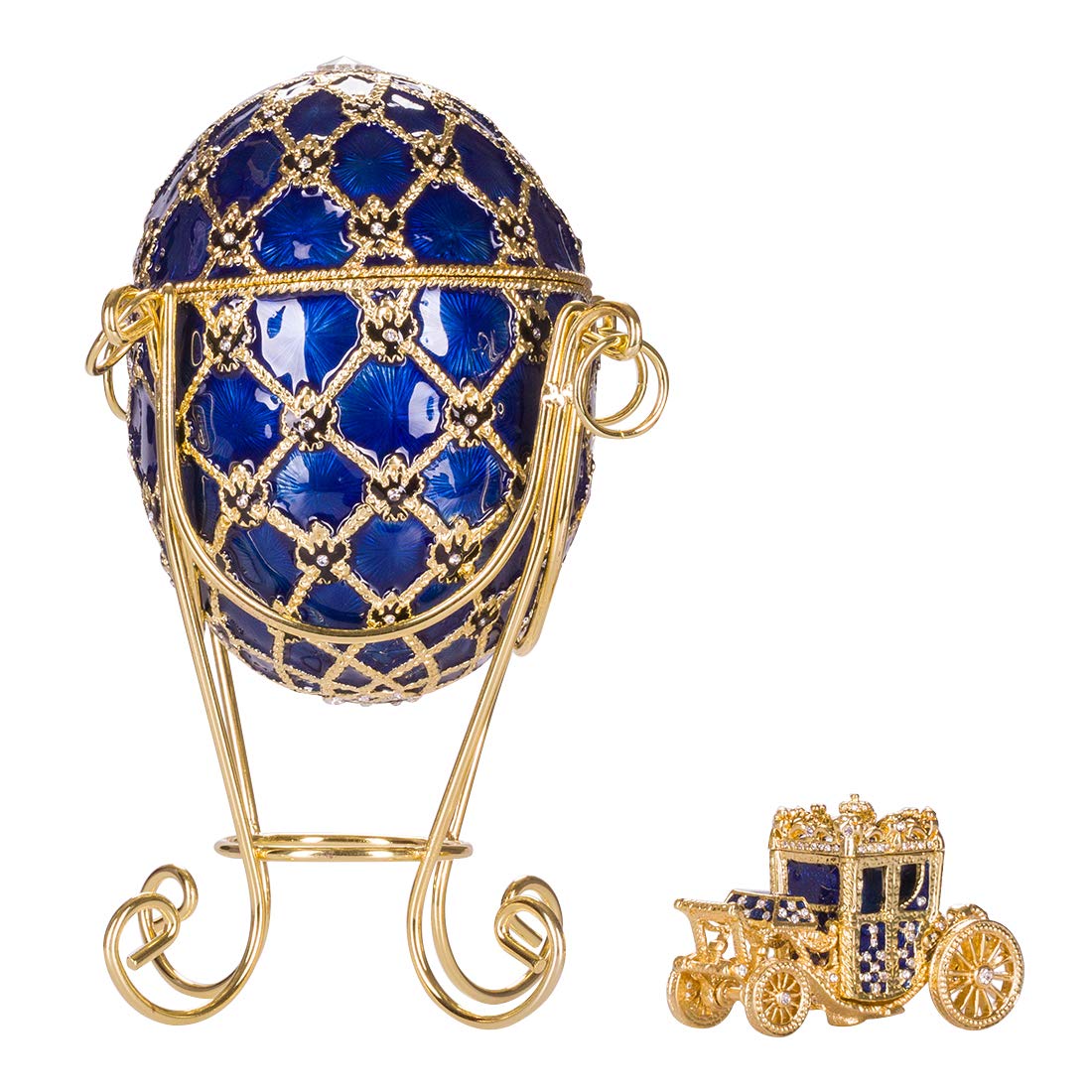 danila-souvenirs Glamorous Style Imperial Coronation Easter Egg Trinket jewel box with carriage 19 cm blue