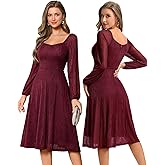 Bbonlinedress Women Lace Cocktail Long Sleeve Dress Vintage Formal Fall Wedding Guest Prom Tea Midi Mother of Bride Dress Burgundy 2XL
