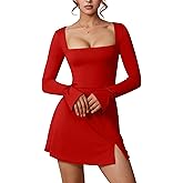 Aprilake Women's Sexy Long Sleeve Square Neck Side Slit Party Night Out A-line Mini Dress